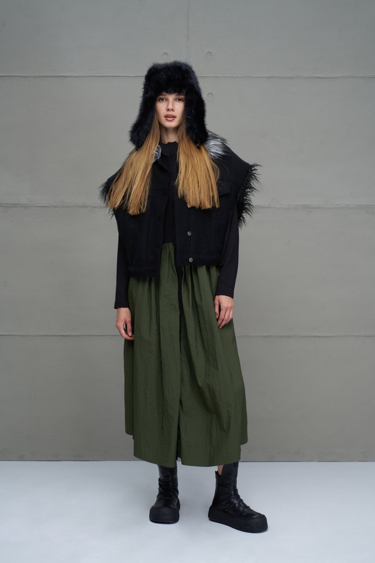 Black Green Zippered Draped Long Dress 18273