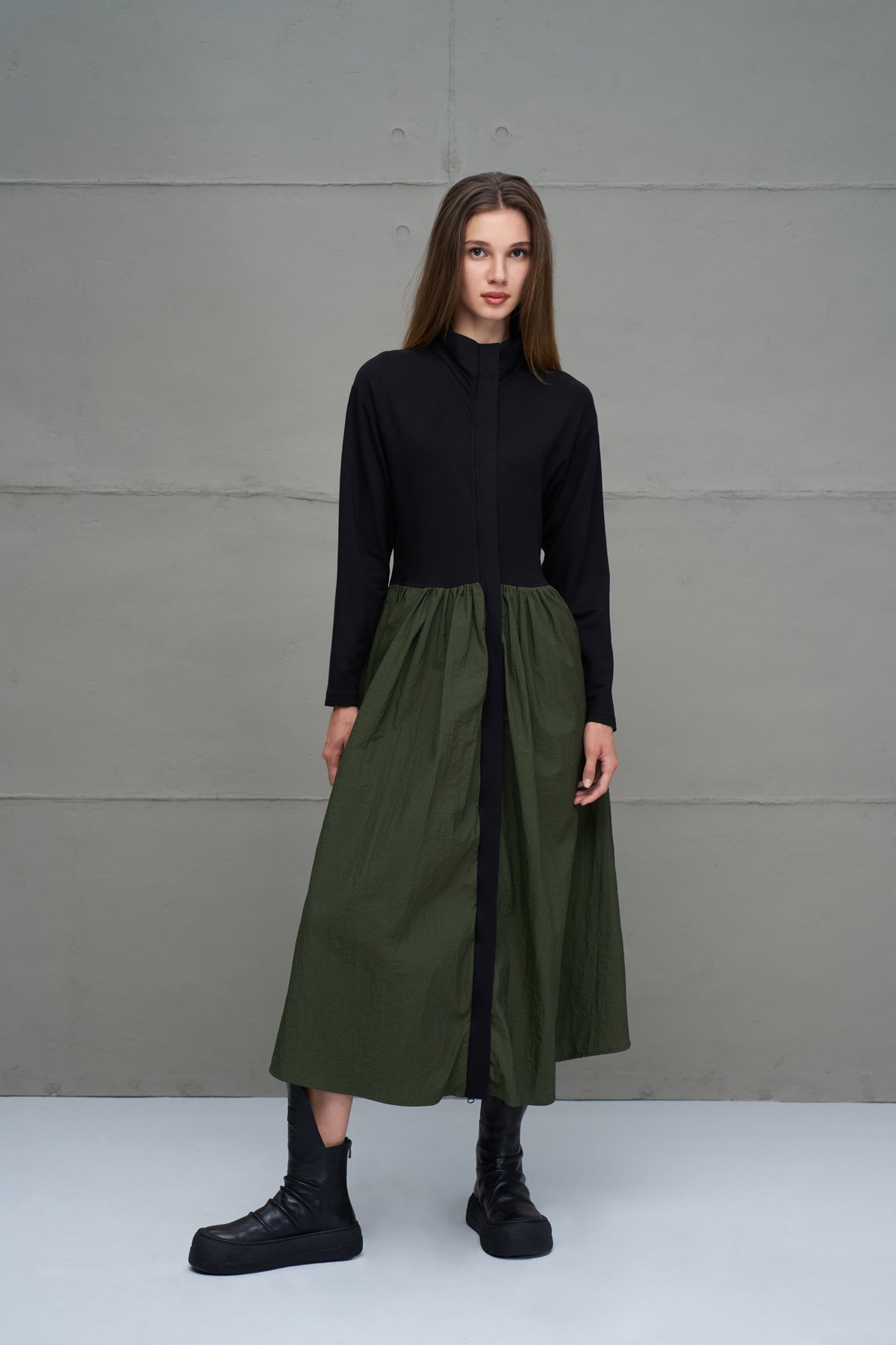 Black Green Zippered Draped Long Dress 18273