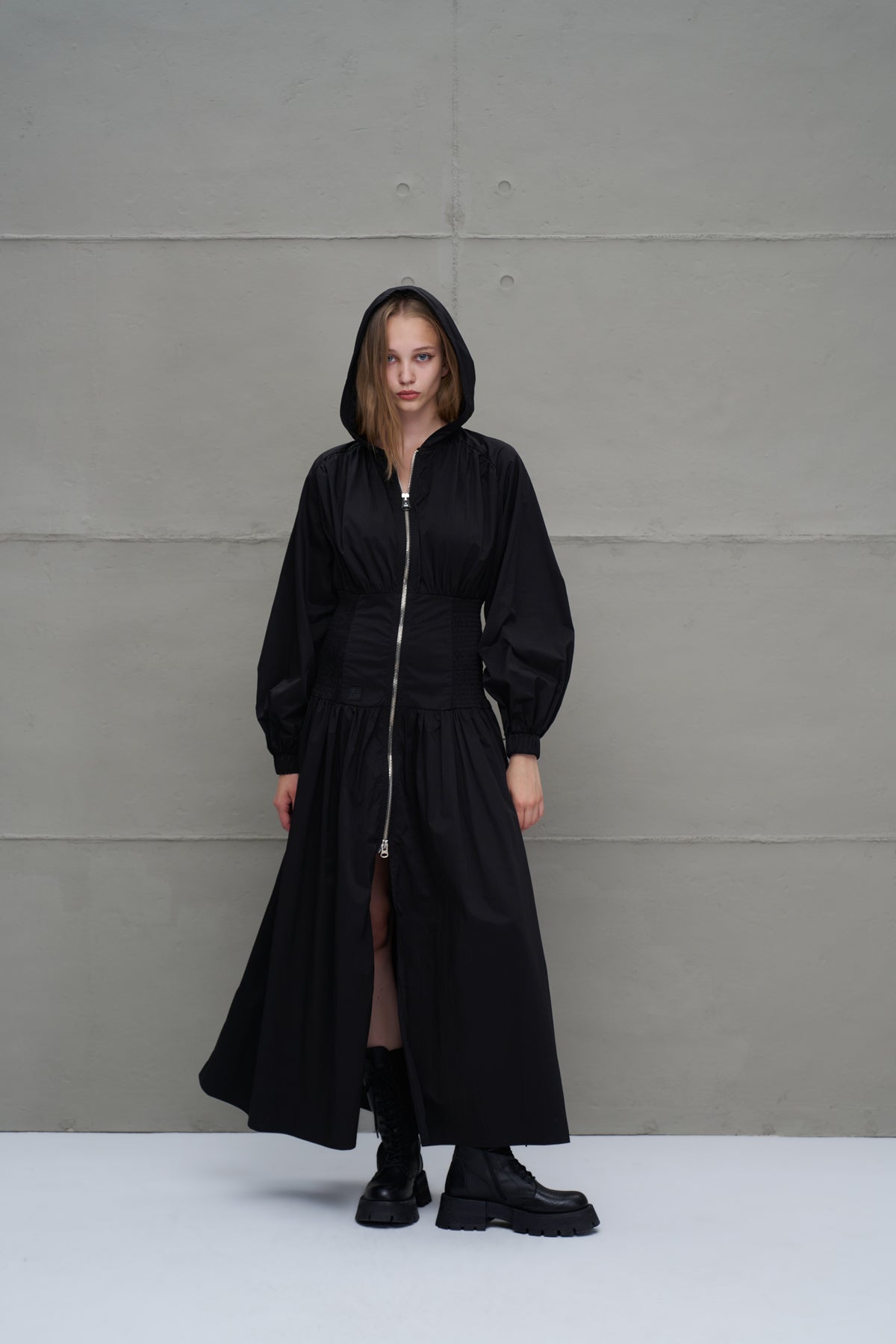 Black Zippered Drawstring Waist Dress 18277