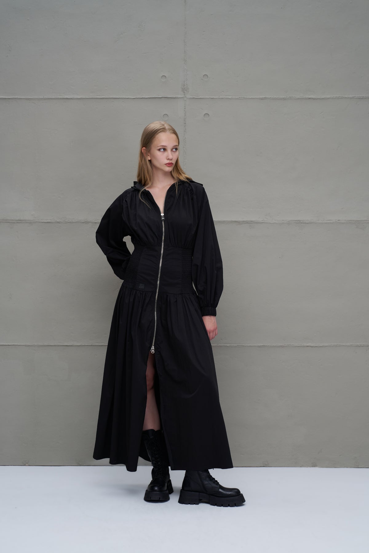 Black Zippered Drawstring Waist Dress 18277