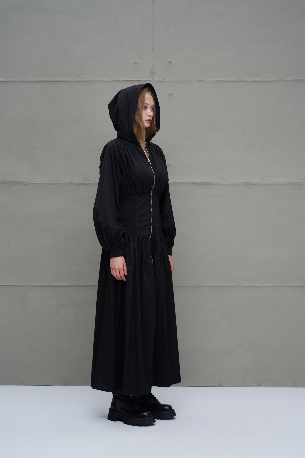Black Zippered Drawstring Waist Dress 18277