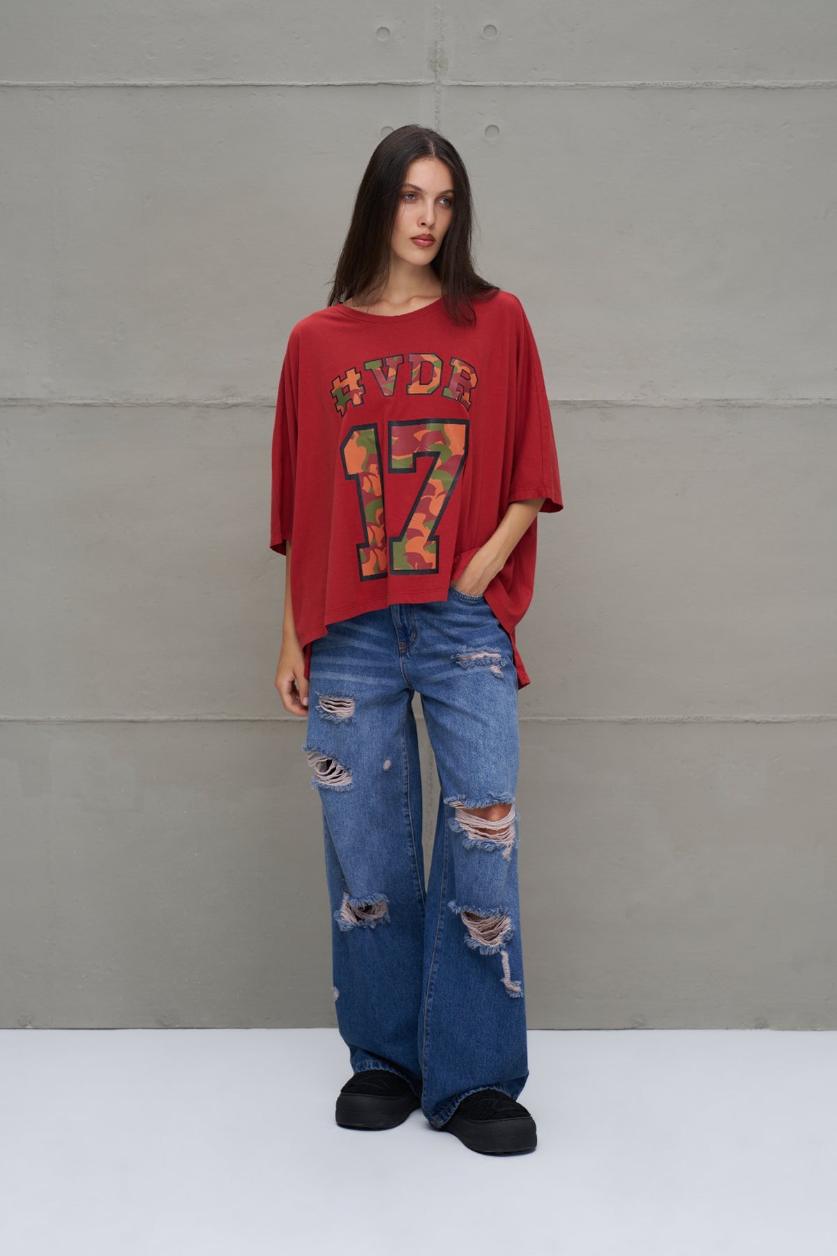 Maroon Printed Asymmetric Oversize T-shirt 18282