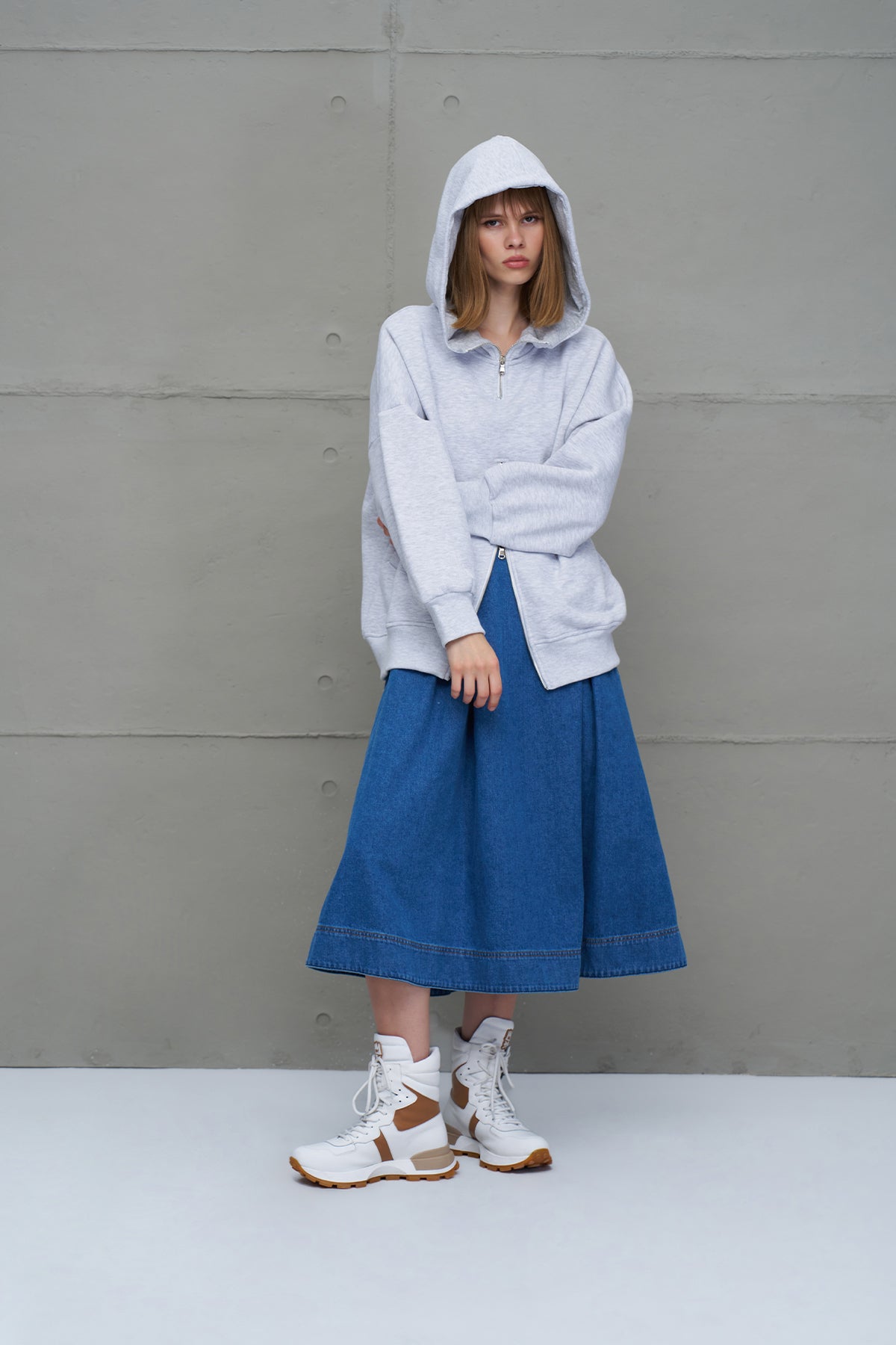 Grey Melange Zippered Hooded Oversize Sweatshirt 18285