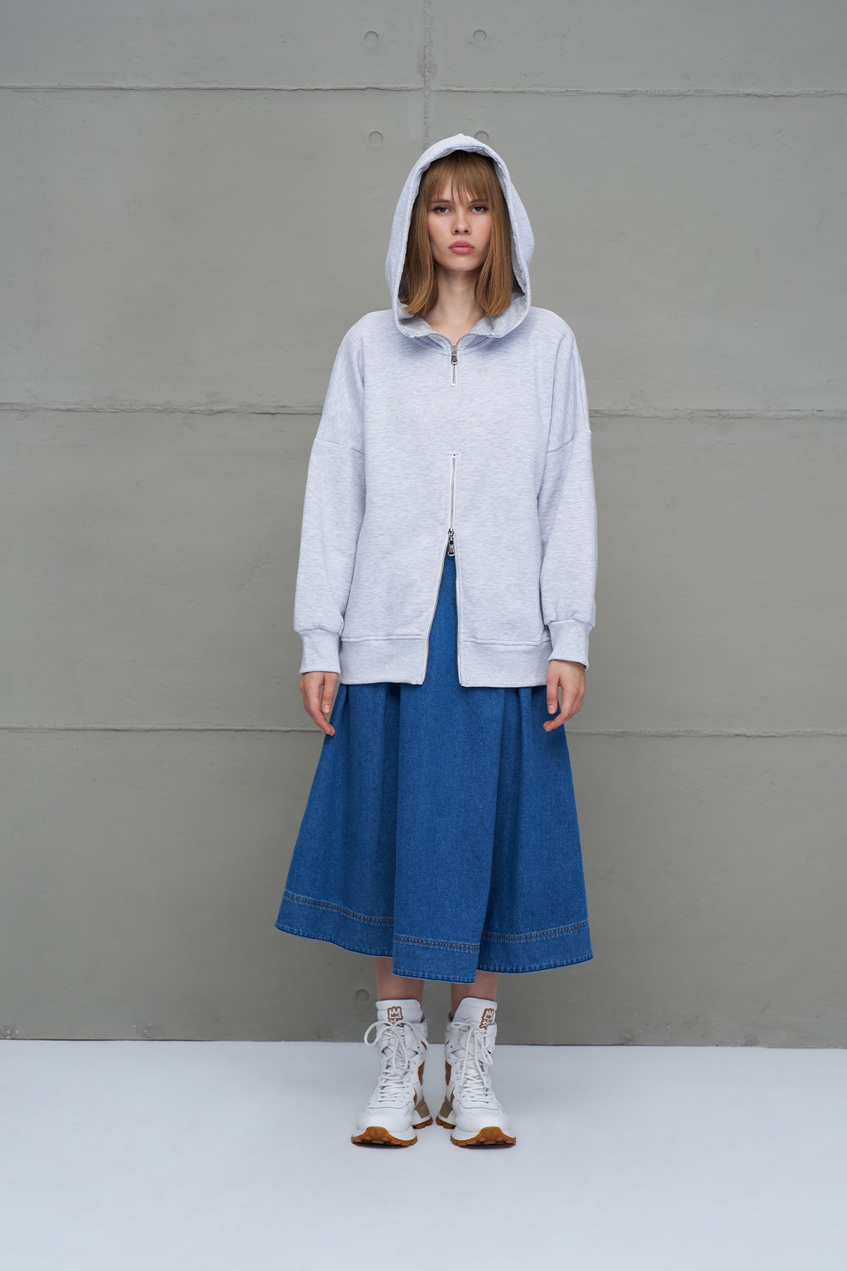 Grey Melange Zippered Hooded Oversize Sweatshirt 18285