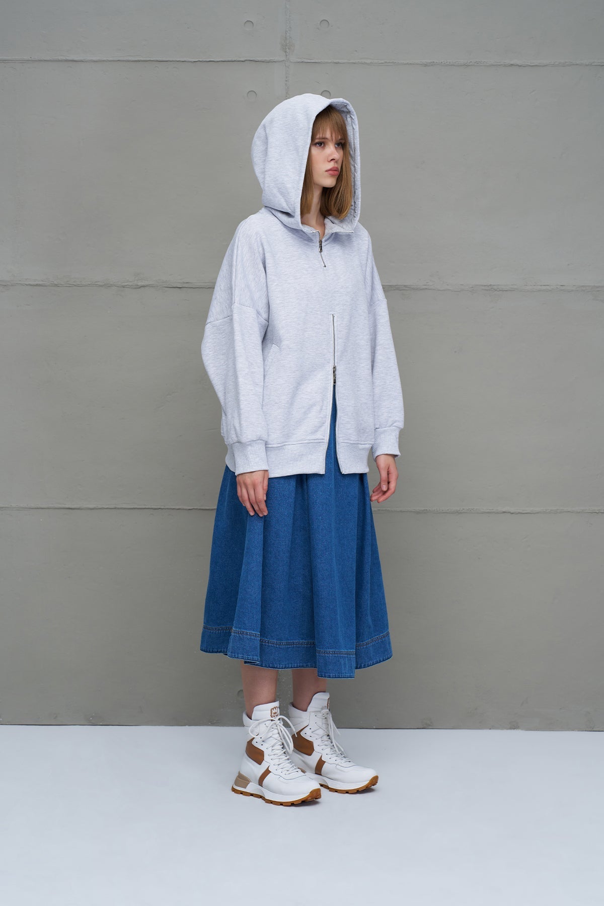 Grey Melange Zippered Hooded Oversize Sweatshirt 18285