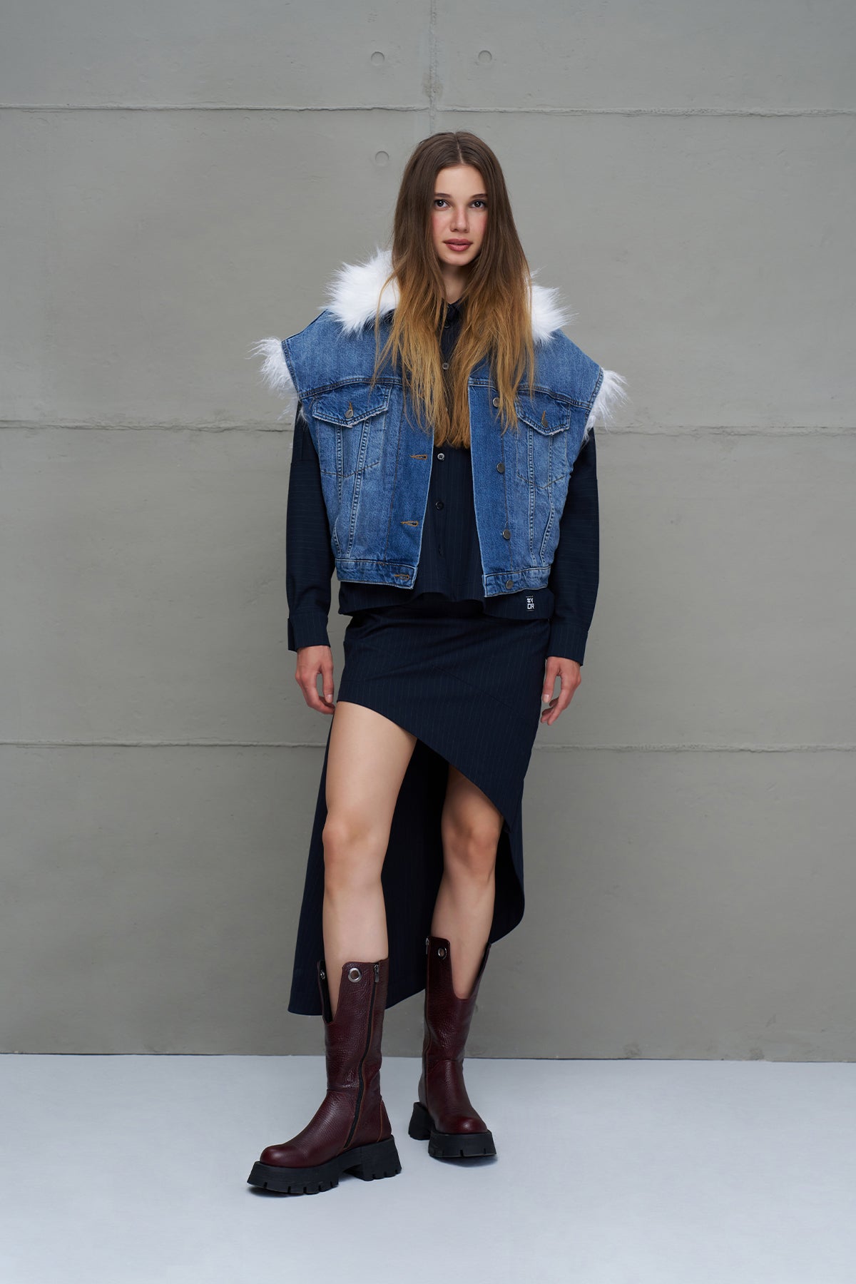 Blue Faux Fur Collar Denim Vest 18286