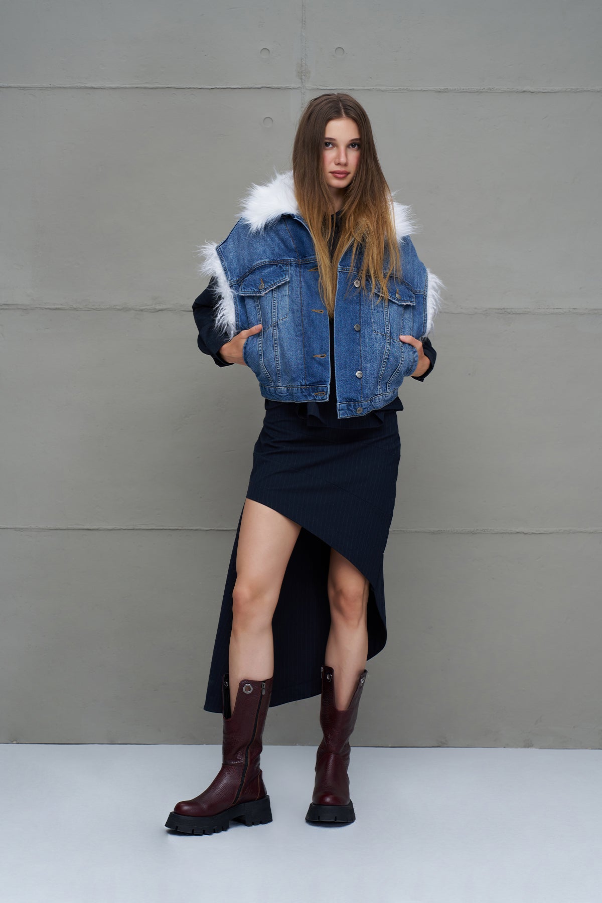 Blue Faux Fur Collar Denim Vest 18286