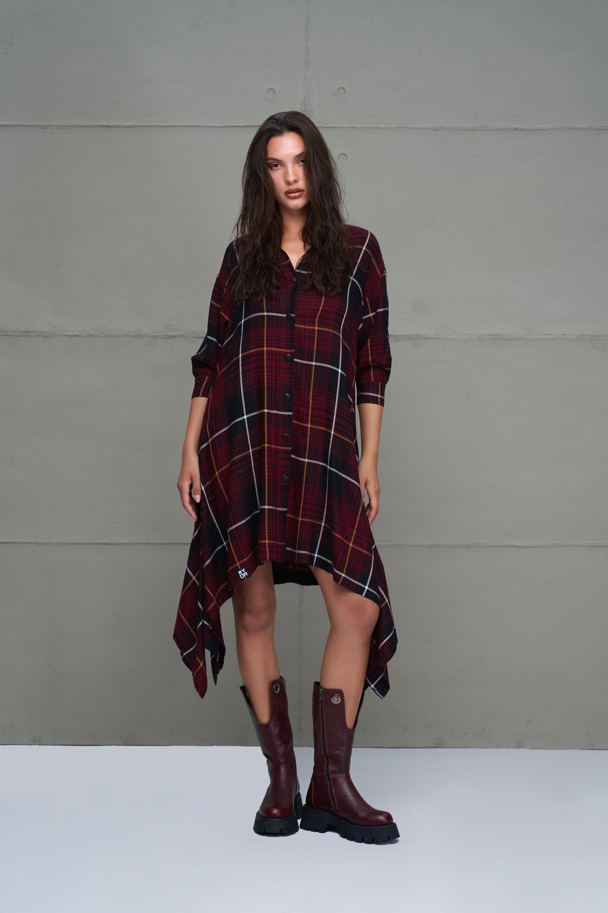 Black Burgundy Plaid Asymmetric Long Dress 18291