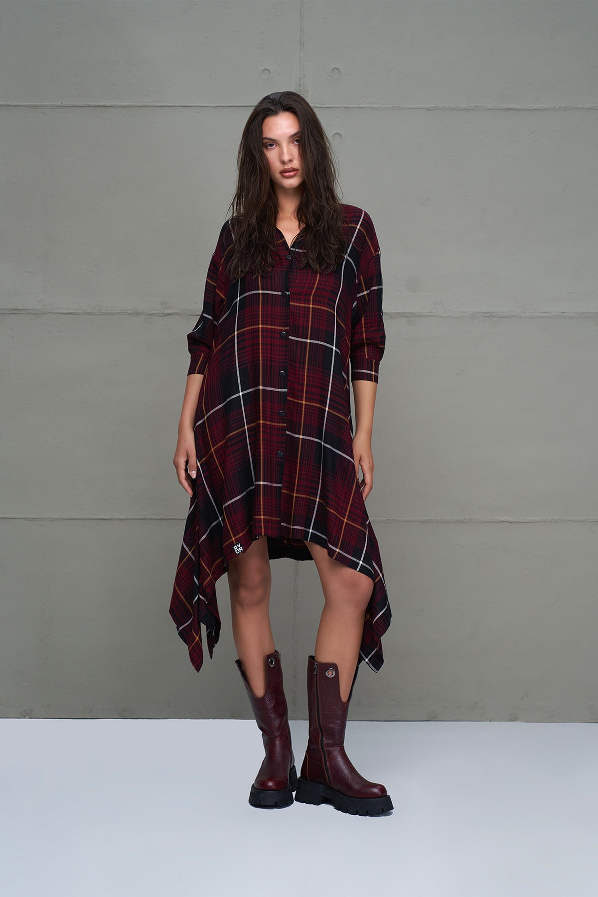 Black Burgundy Plaid Asymmetric Long Dress 18291