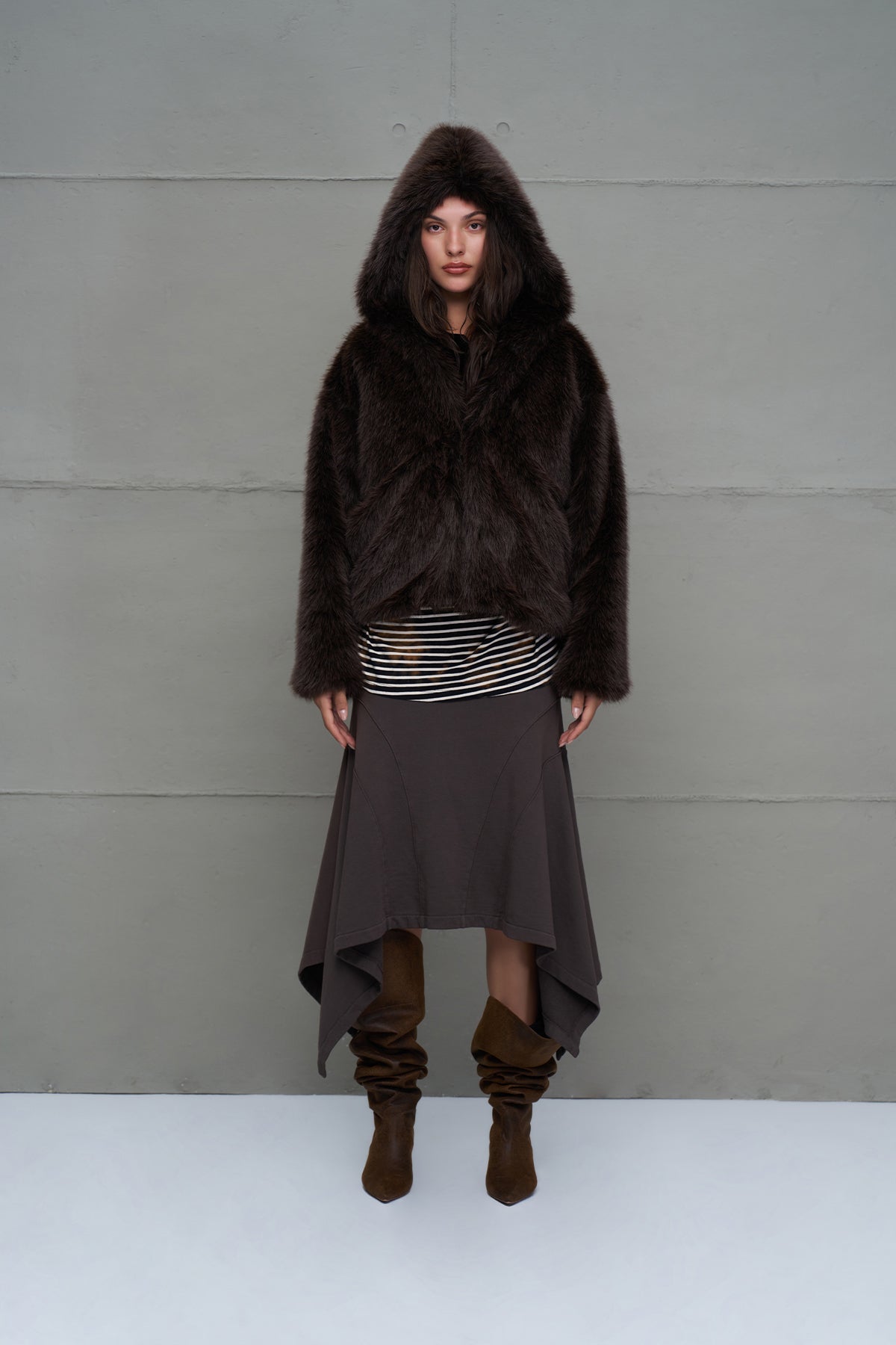 Brown Hooded Oversize Short Coat 18293