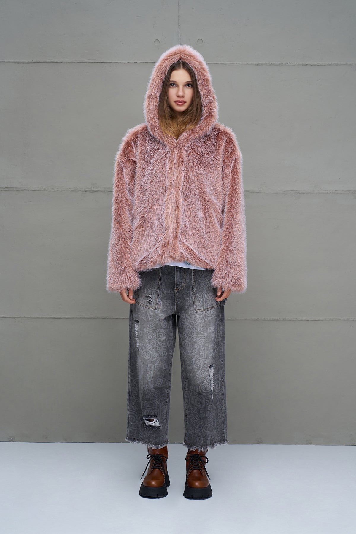 Pink Hooded Oversize Short Coat 18293