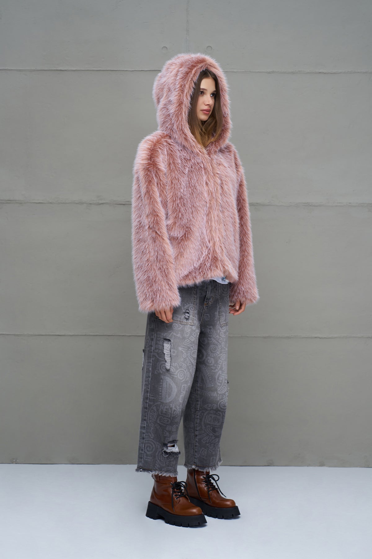 Pink Hooded Oversize Short Coat 18293